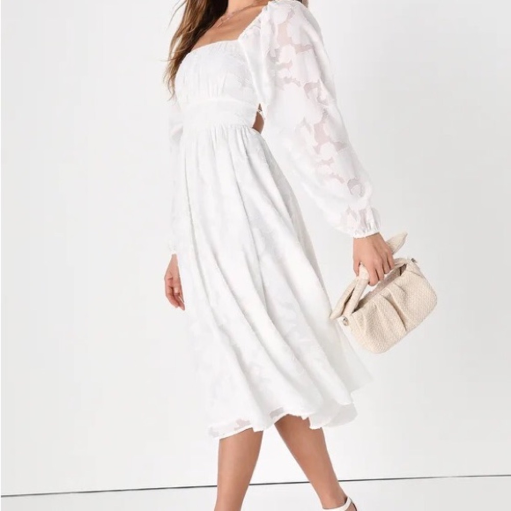 White Flirtatious Nature White Floral Jacquard Lace-Up Midi Dress